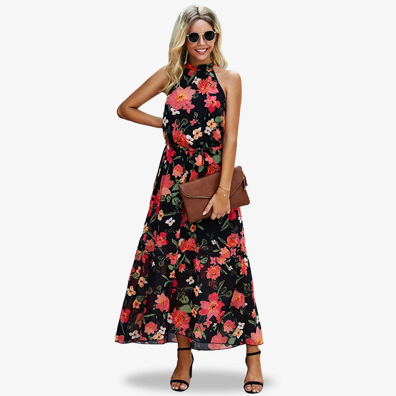 

Hot Style Print Sleeveless Boho Dress Bohemian Beach Long Dress Women Floral Dress Summer