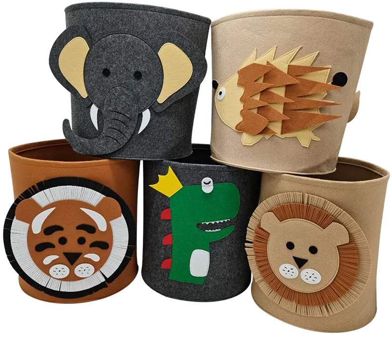 

custom 35L Felt animal storage bucket Kids Laundry barrels kid bucket round lion elephant pattern storage box toy organizer, Grey