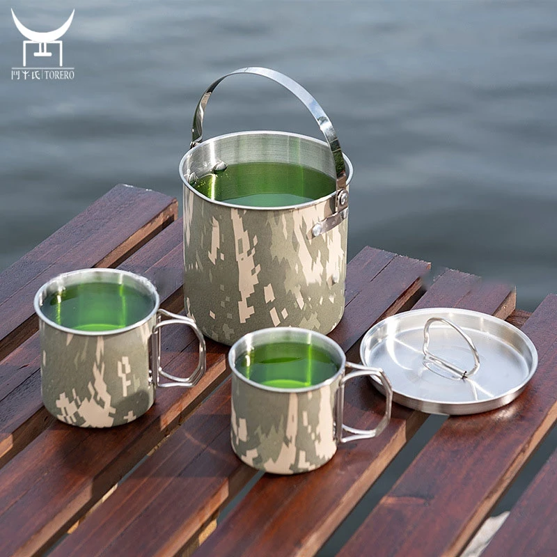 

304 Stainless Steel Camping Pot Kettle Cups Camouflage Cookware Set Hiking Picnic Barbecue Hunting Portable Foldable Outdoor