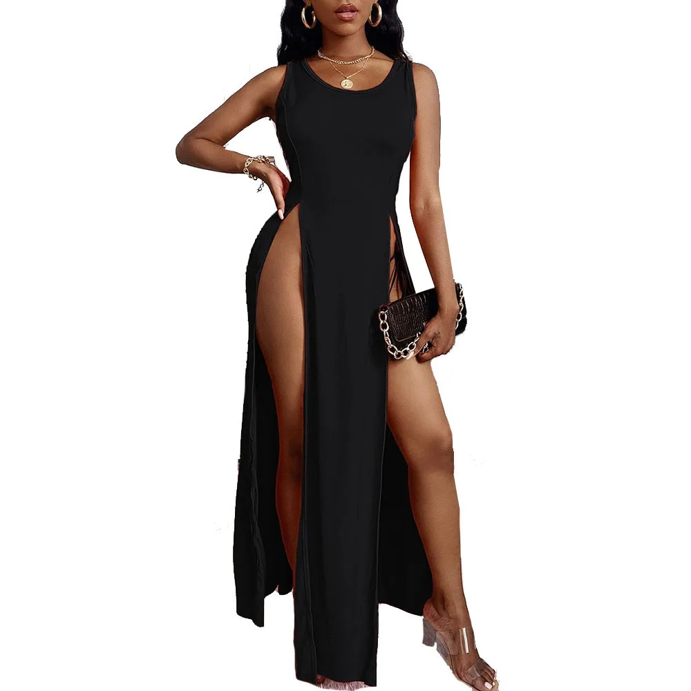 

Fashion Polyester Solid Color Women's Sexy Dress Solid Color Round Neck Personalized Sleeveless Ladies Dress