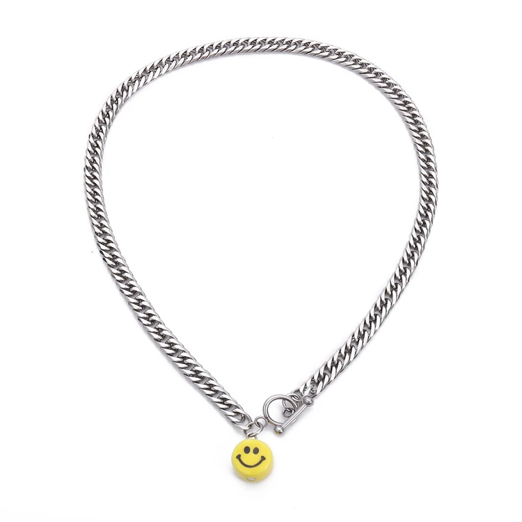 

VRIUA Stainless Steel Cuban OT Buckle Chains Cute Smiley Beads Clavicle Chain Simple Fashion Hip Hop Women Men Jewelry Necklace