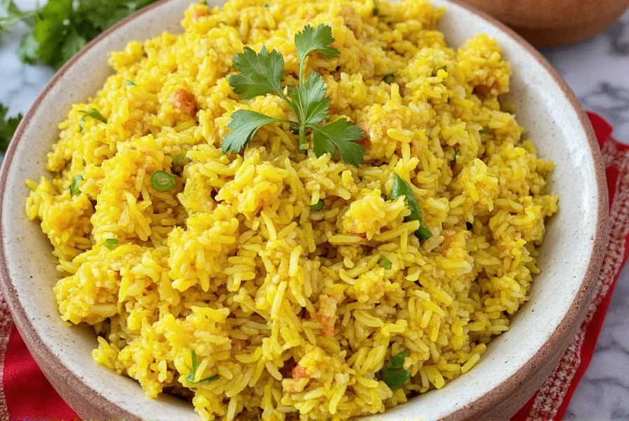 Golden turmeric rice in ceramic bowl with fresh herbs
