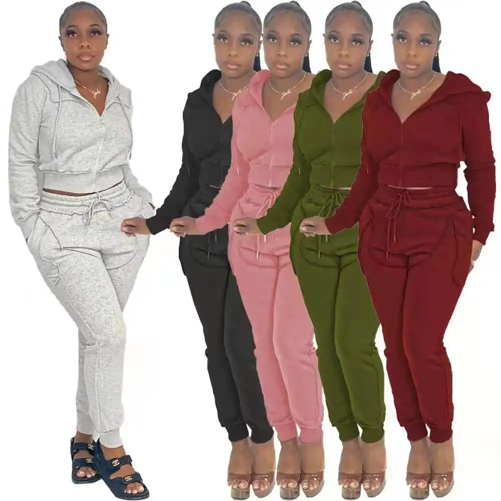 

Wholesale Hot Selling Crop Hoodie With Jogging Pants Women Fall Sets Plain Tracksuit High Quality Sweat Suit