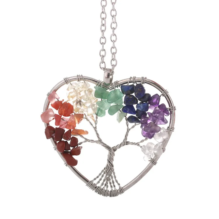 

wholesale natural stone tree of life heart shaped 7 chakras Crystal pendant necklace fashion jewelry pendants for women