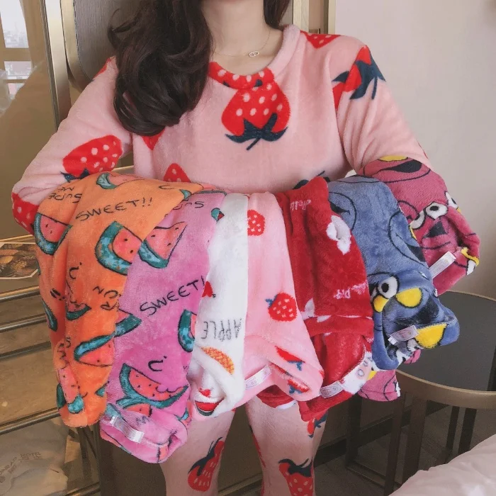 

Wholesale High Quality Cheap Fruit Printed Sleepwear Fashion Strawberry Pattern Long Sleeve Flannel Thick Pajamas For Women, As picture show