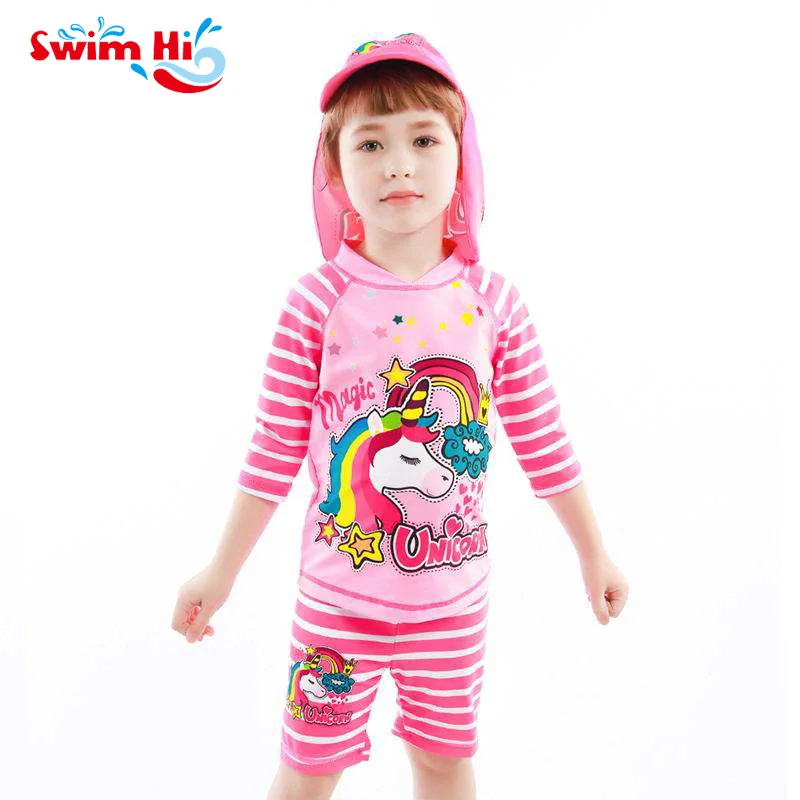 

Girls' Long Sleeve Rash Guard Set Upf 50+ Sun Protection Two-piece Unicorn Swimwear With Sun Hat