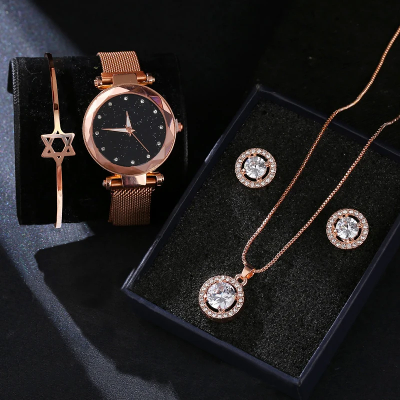 

Luxury 2021 Ladies Watch Casual Quartz Wristwatch Set Women Watches Crystal Bracelet Stud Earring Necklace Set, Picture