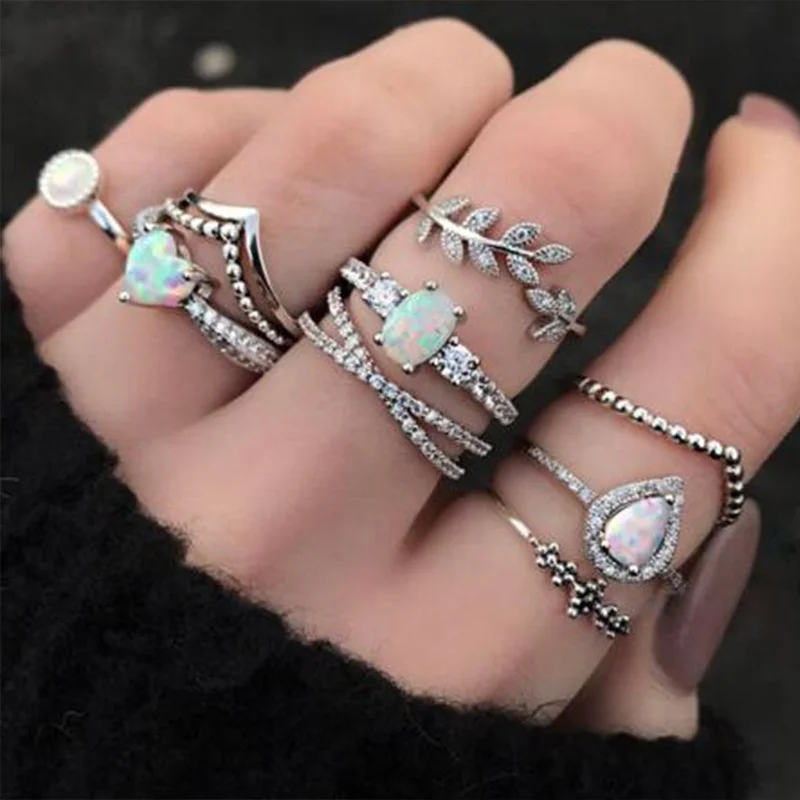 

9Pcs set Bohemia Leaf Heart Water Drop Vintage Jewelry Women Ring Wedding Boho Moonstone Ring Set, Antique silver