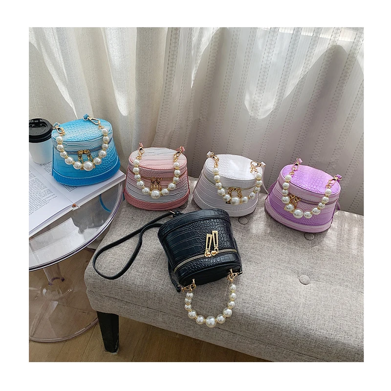 

PU Crocodile Pattern Bucket Bags Trendy Gradient Color Shoulder Crossbody Bags Pearl Top Handle Tote Mini Purses Female Handbags