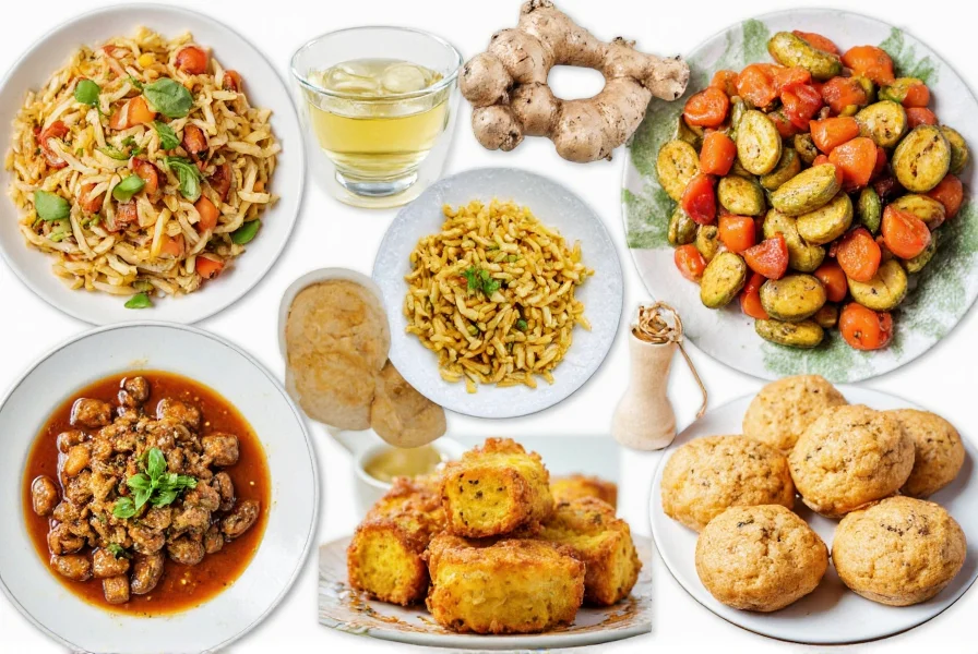 Variety of dishes featuring grated ginger including stir-fry, tea, and baked goods