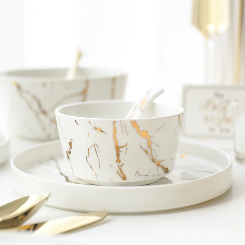 

Factory supplier on glaze marble bowls set soup ceramic bowl vajilla gold pattern custom logo porcelain bowl