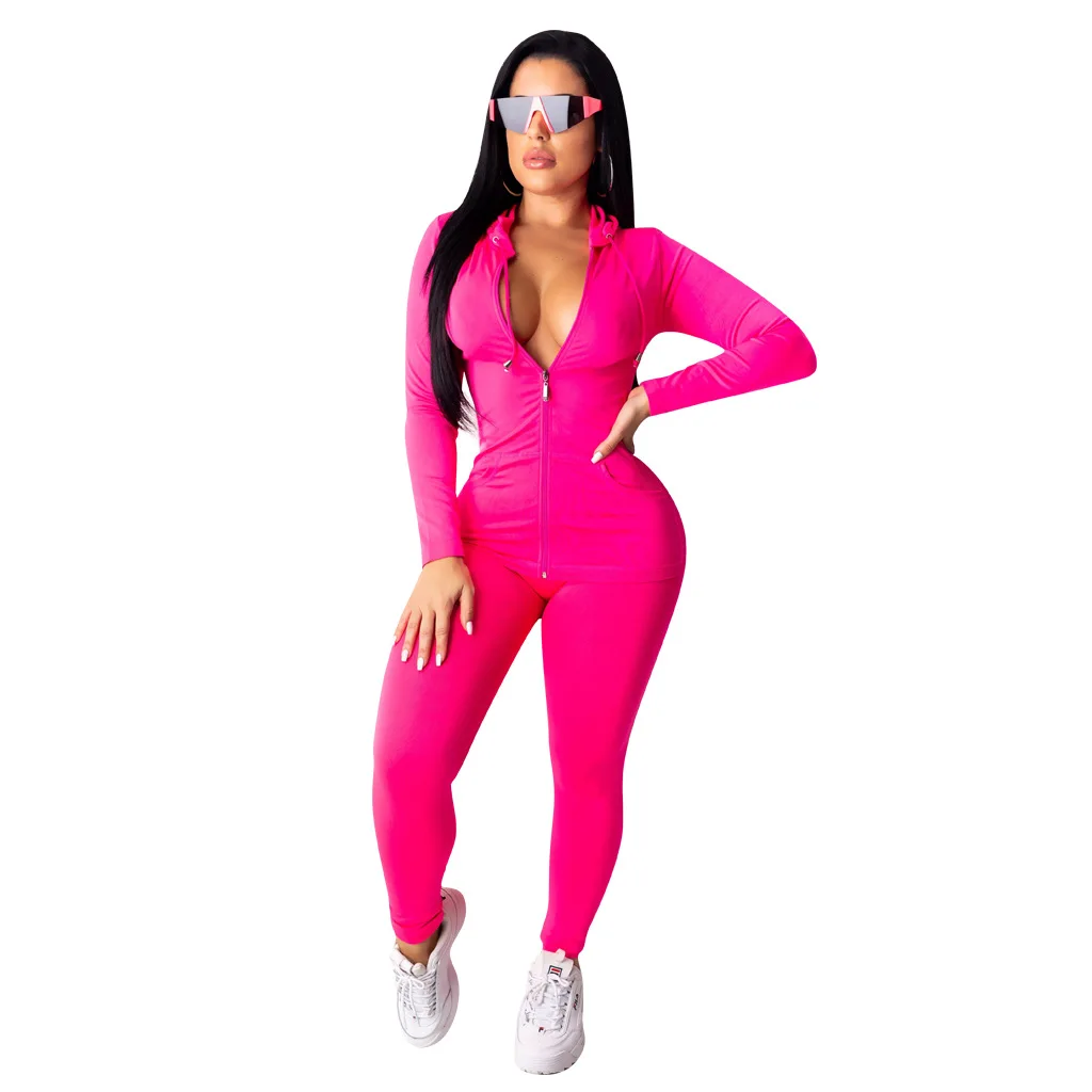 Fall tops Plus size women set clothing Casual solid color fall tops for women Full-sleeve Sexy sports wear set women with hooded