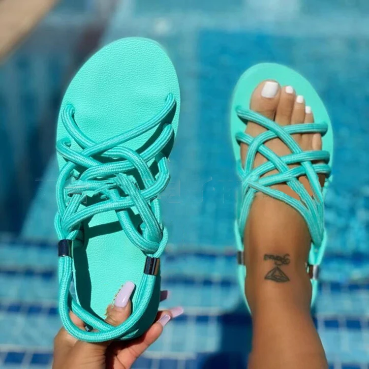 

2021 Women Casual Rope Sandals Lace Up Flat Slippers Platform House Slipper Bright Color Sandals Summer Hemp Sandals Rope Beach