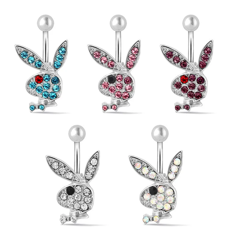 

Sexy Clear Zircon Rabbit Cartoon Navel Ring For Women Summer Body Jewelery Stainless Steel Bunny Belly Piercing Jewelry, Pink/blue/white