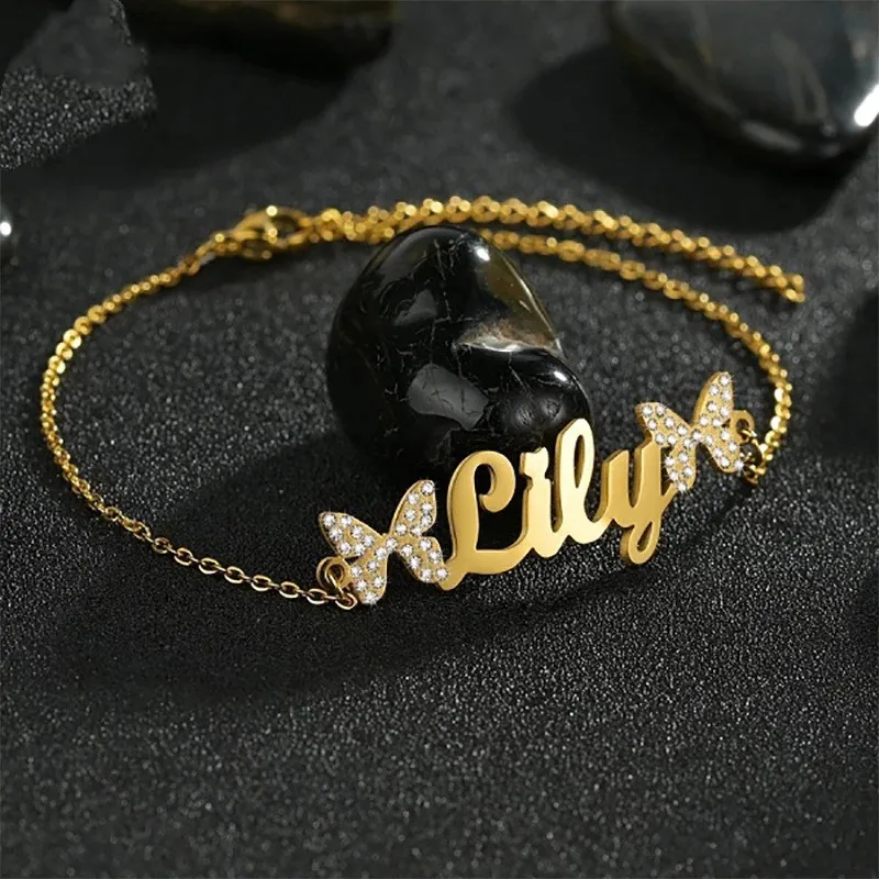 

Personalized Custom stainless steel bracelet letter name butterfly diamond bracelet, Gold, silver, rose gold
