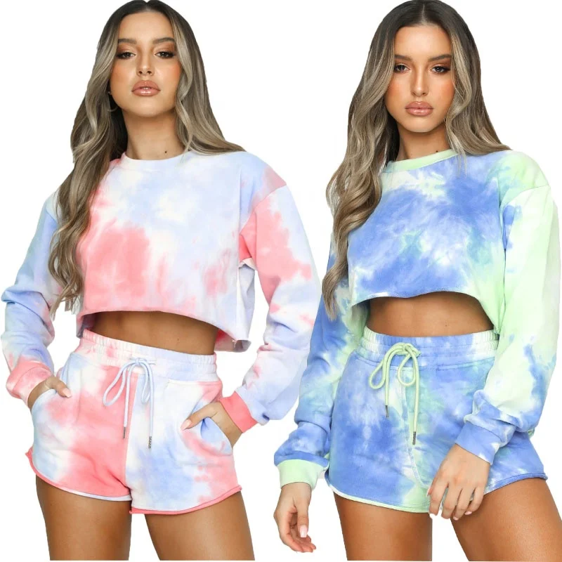 

Wholesale oversized crewneck sweatshirt crop top and shorts two piece short set women clothing tie die short set