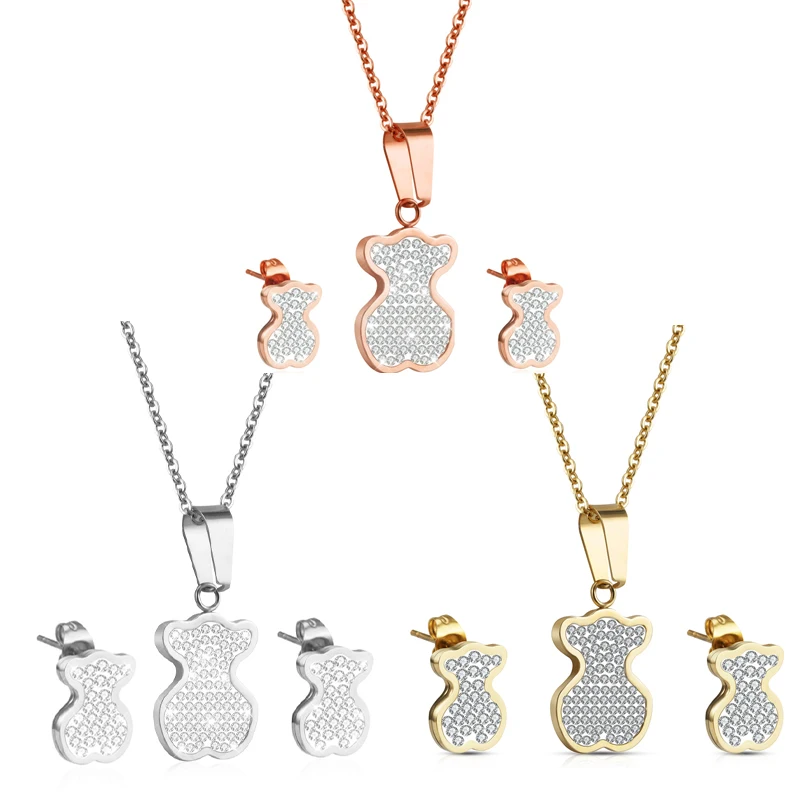 

Stainless steel Latest Design 18K gold plated Teddy Bear Zircon cz Jewelry Set High Quality Polishing Lead Free And Nickel Free