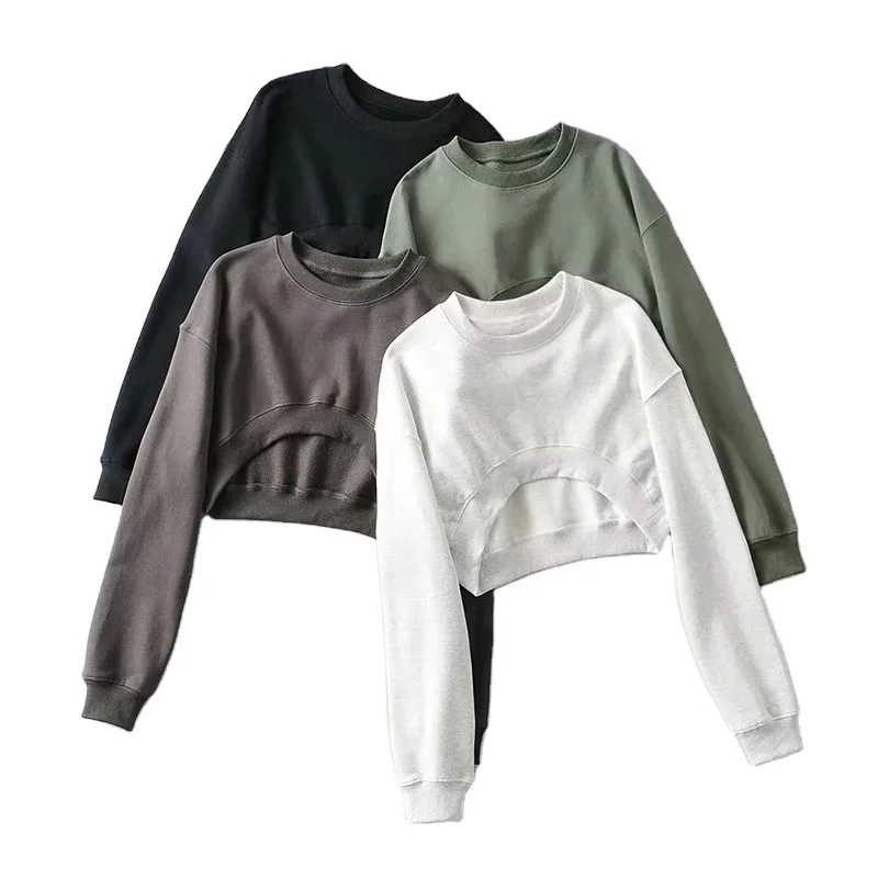 

Wholesale solid color short front and long silhouette loose clothes women's sweatshirt, Picture shows