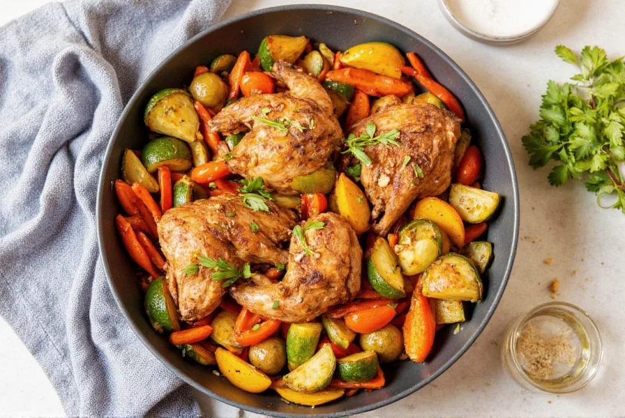 Pan roasted chicken and veggies on a plate