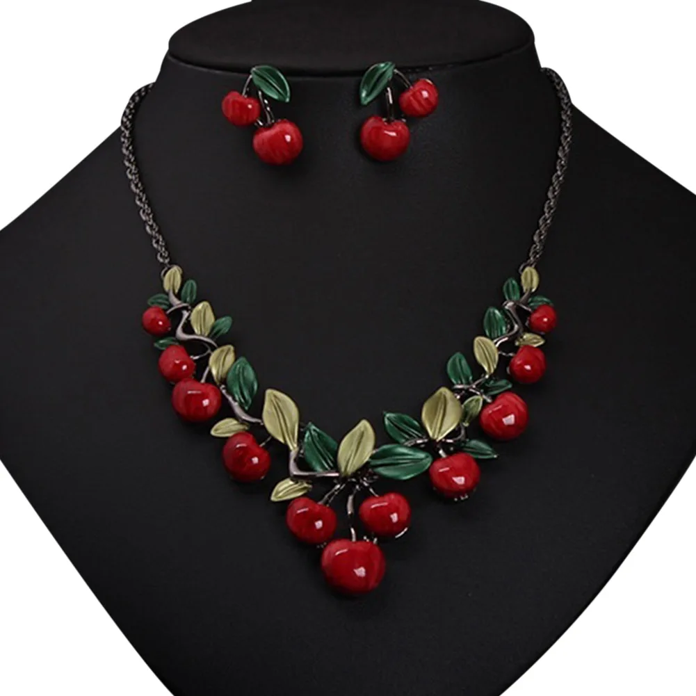 

Fashion Women Red Enamel Cherry Green Leaves Necklace Earrings Jewelry Set for Party