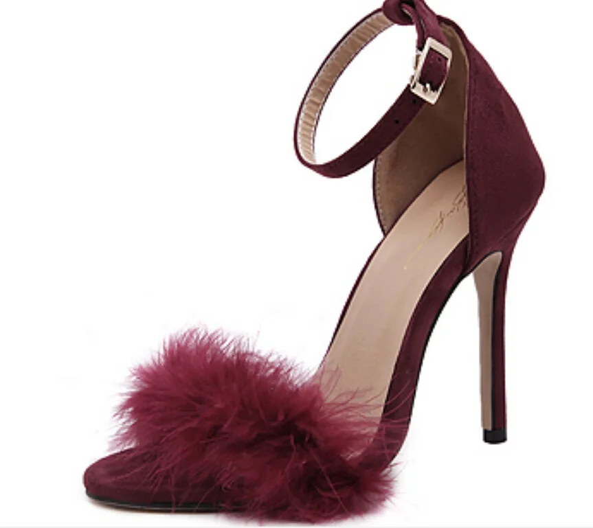 

Sandalias Para Mulher European Trendy Pleaser Feather Stiletto High Heels Women Faux Fur Sandals, Black, pink, wine, apricot
