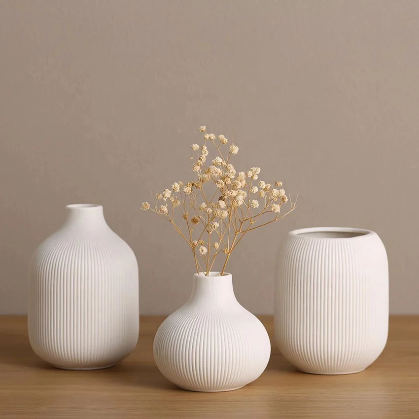 

Modern Minimalist Neutral Home Decor Decorative Flower Vases Shelf Table Decor White Ceramic Vase Set 3 for Bookshelf Mantel Dec