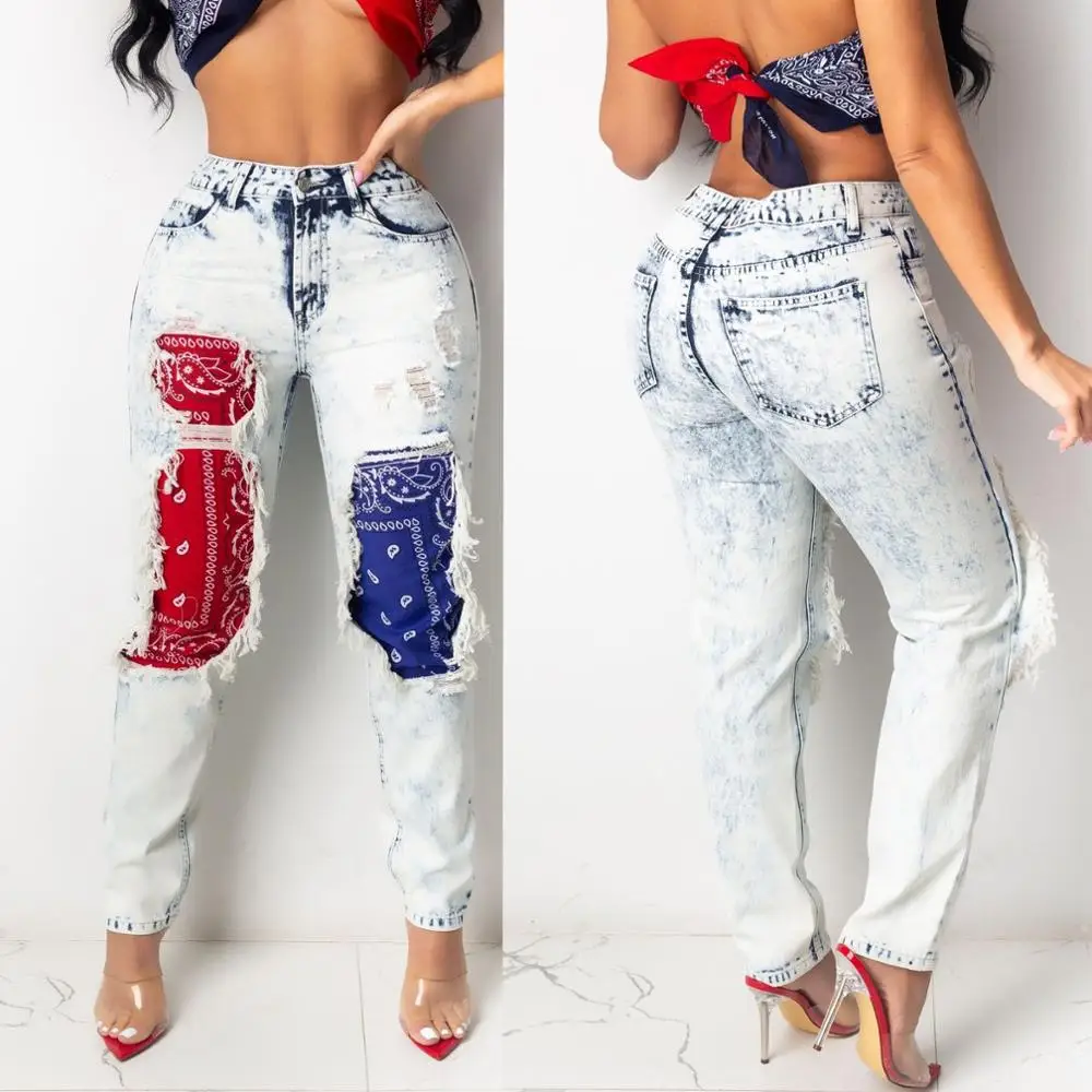 

Custom new 2021 fashion women boyfriend ripped pants patchwork skinny spliced causal jeans, Photo shows