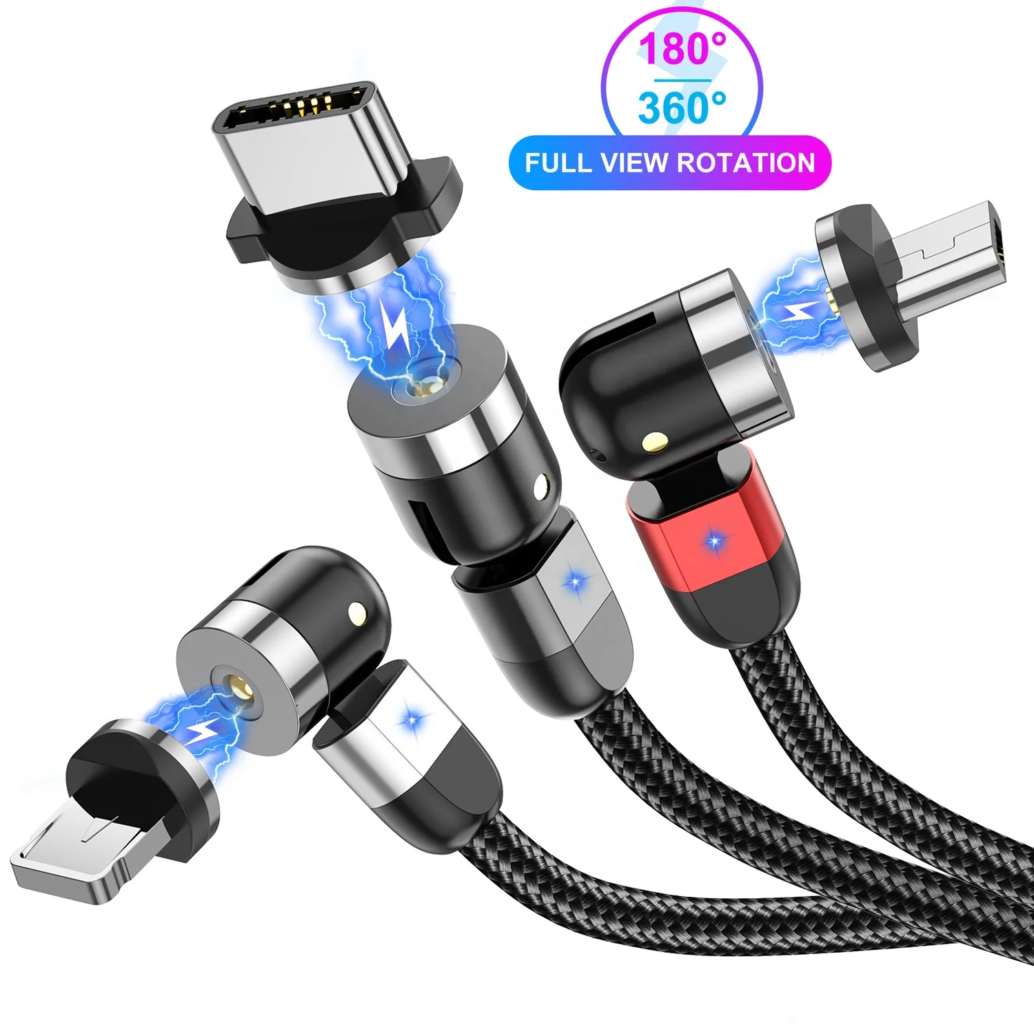 

USLION Wholesale On stock magnetic charging cable micro usb type c lighting phone accessories fast charging magnetic usb cable, Black, red, silver,purple
