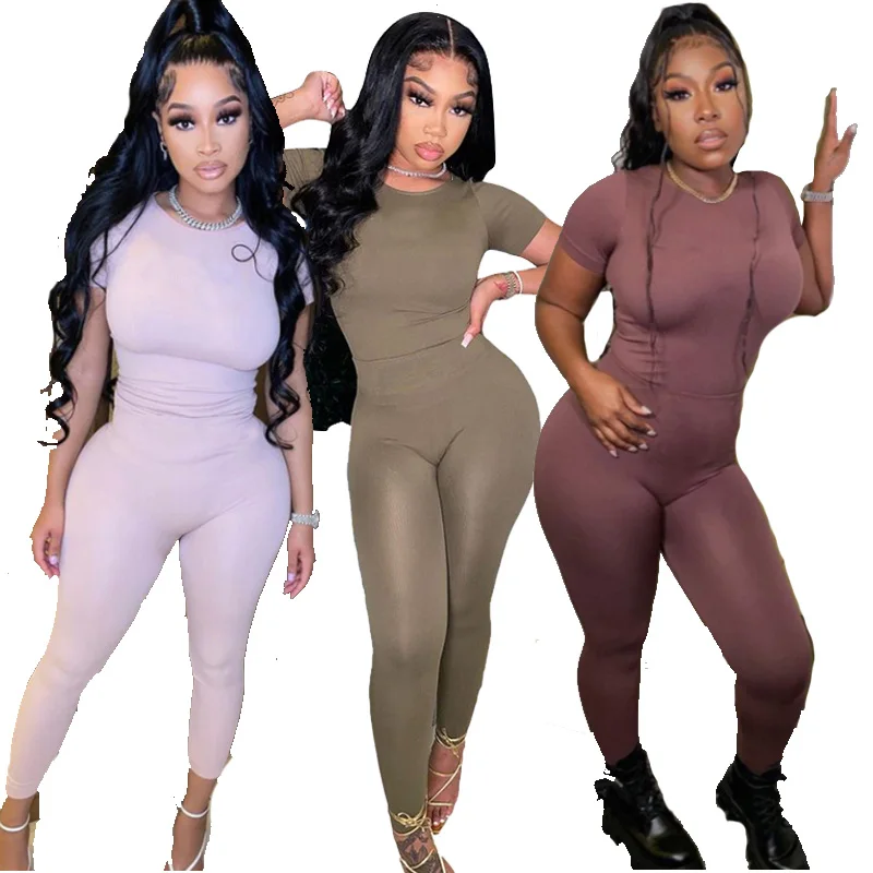 

Summer Womens Casual Suit Solid Color Knitted Short Sleeve Trousers Sports Two Pieces Of Wholesale Customization, As pictures