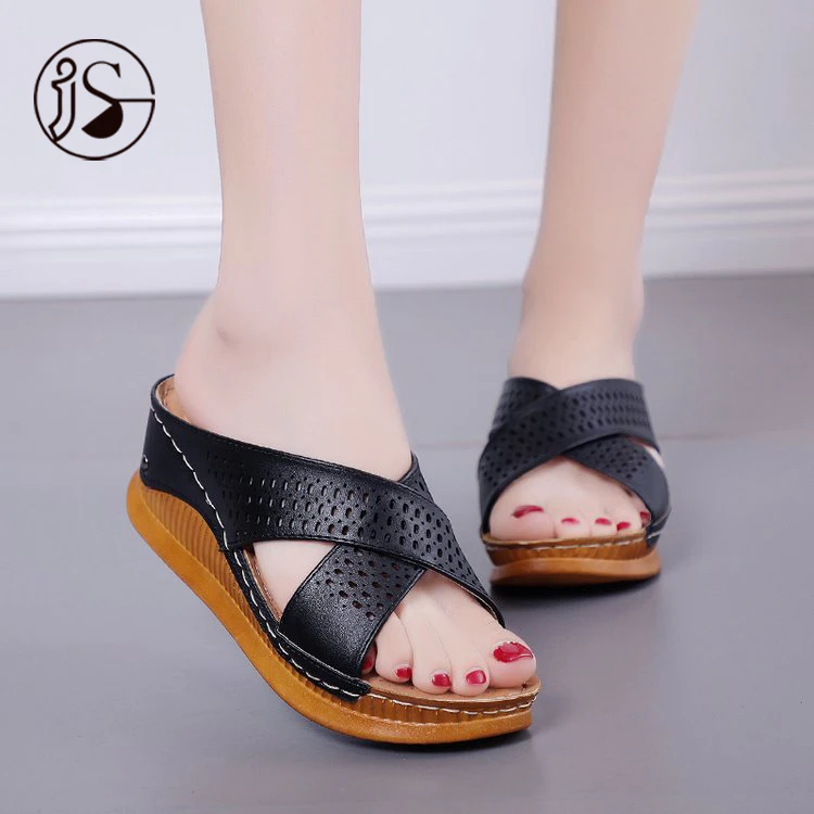 

Comfy wedge heels lady slippers Ladies' summer thick soled Roman style slippers Cross strap slippers Fashion 2021, Picture