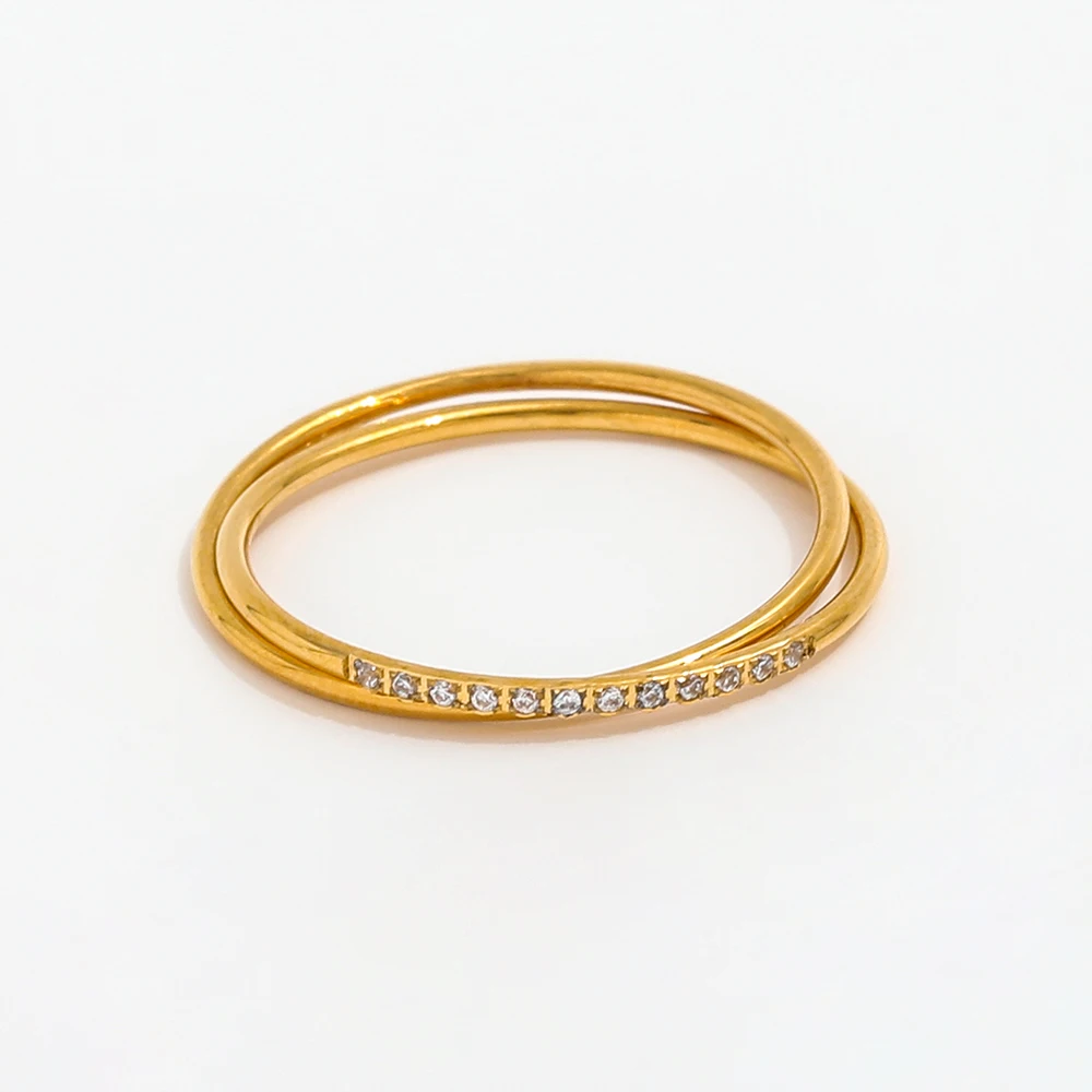 Joolim High End 18K Gold Plated Dainty Zirconia Half Pave Double-layer Cross Ring for Women Stainless Steel Fashion Jewelry