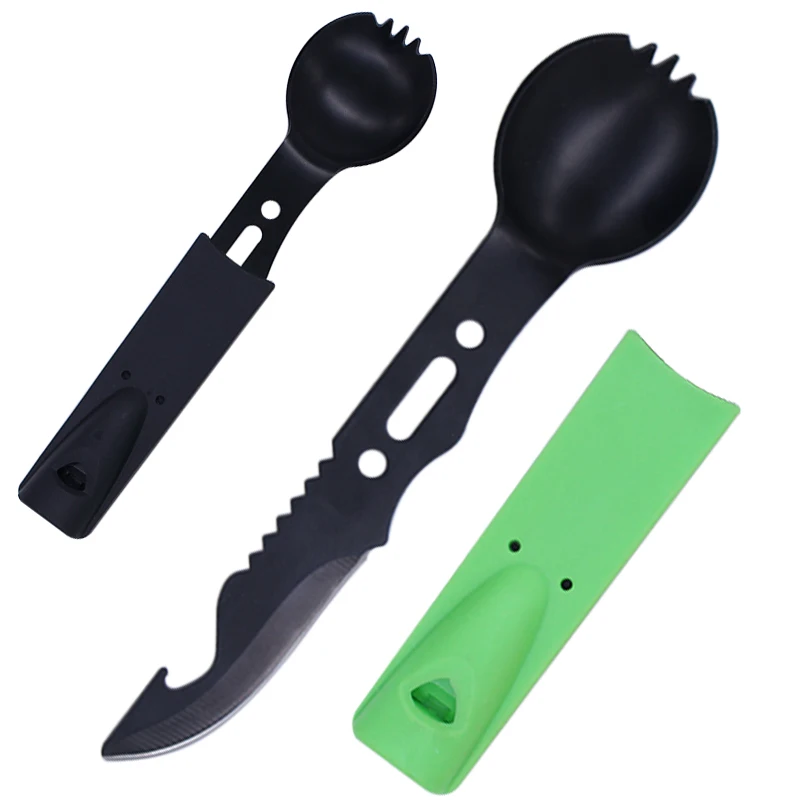 

7 in 1 Camping Multifunctional Spoon Fork Knife Combo Utensil with Survival Whistle, Customized color