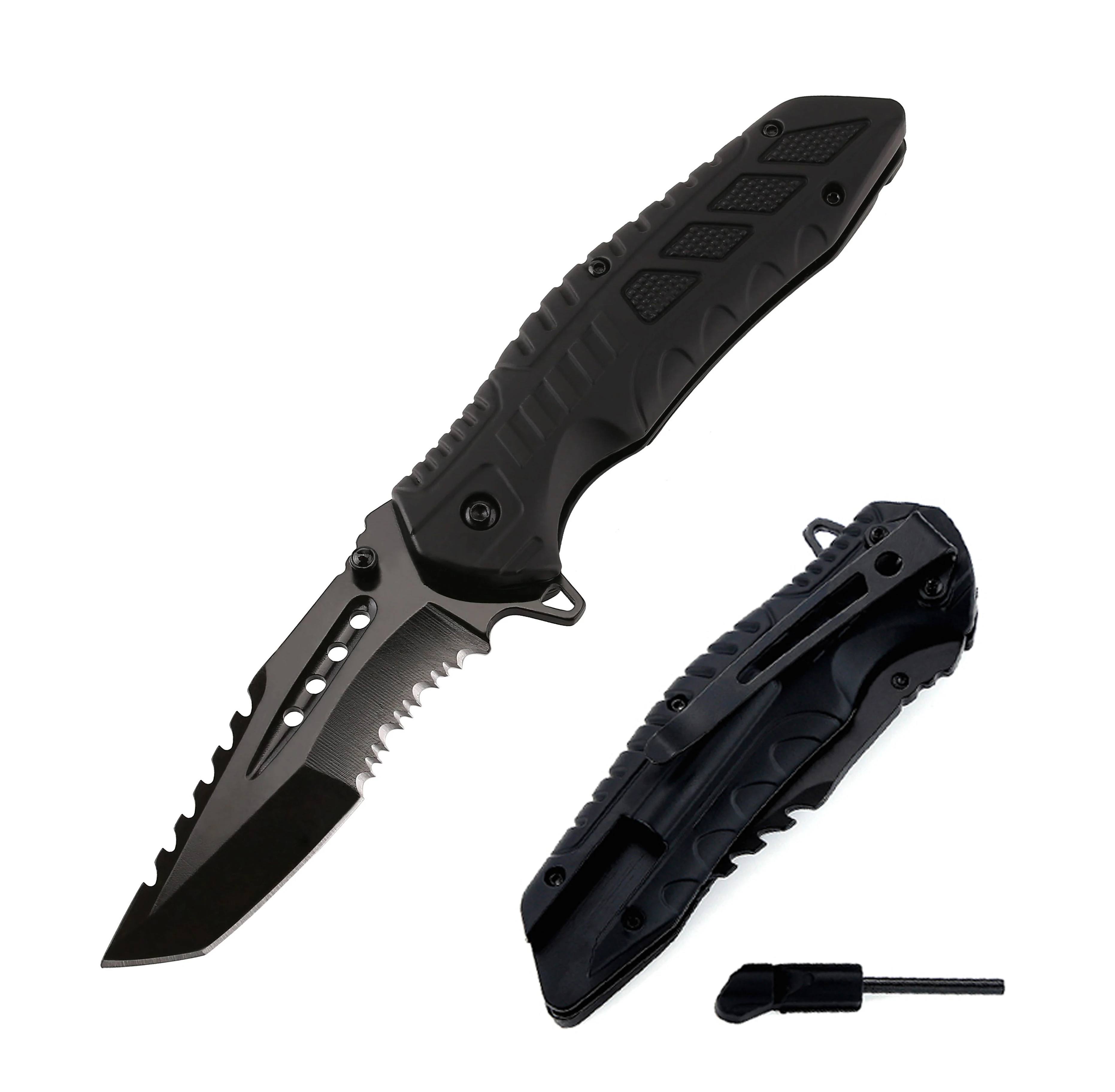 

non rust tanto blade serrated knife with fire starter ABS plastic handle knives hunting survival camping EDC tactical knives