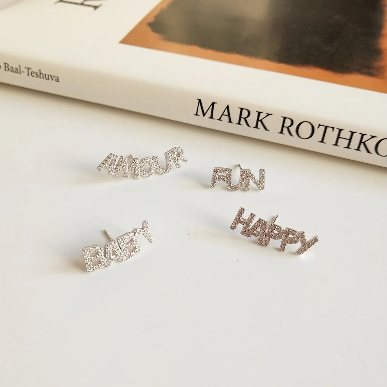 

Most Popular FUN BABY HAPPY Silver Stud Earrings 925 Silver Sterling Letter SMILE Earrings For Gifts