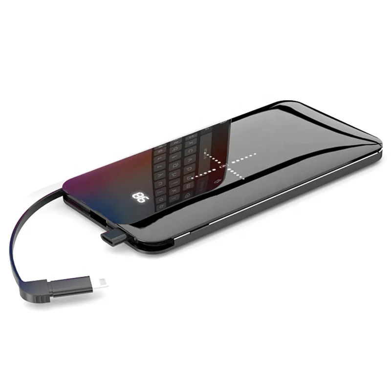 

Ultra slim battery wireless charger power bank 10000mah with built in cable, Black/red
