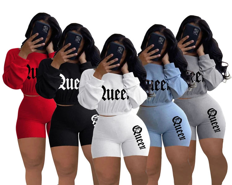 

Casual Lady Tracksuit Long Sleeve Letter Print Shorts Plus Size Clothing Spring Women Two Piece Set, Picture shows