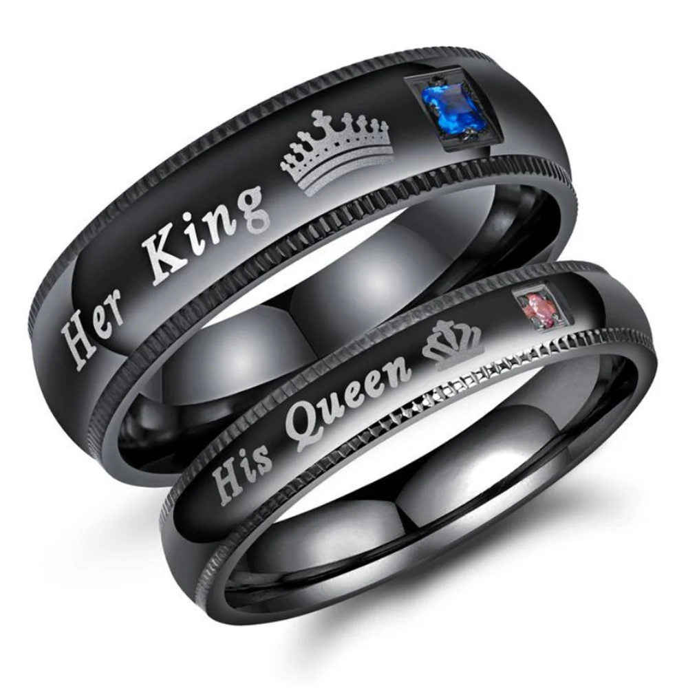 

2022 Wholesale her King his Queen couple Lovers Mood Band Engraved Zircon Stainless steel rings