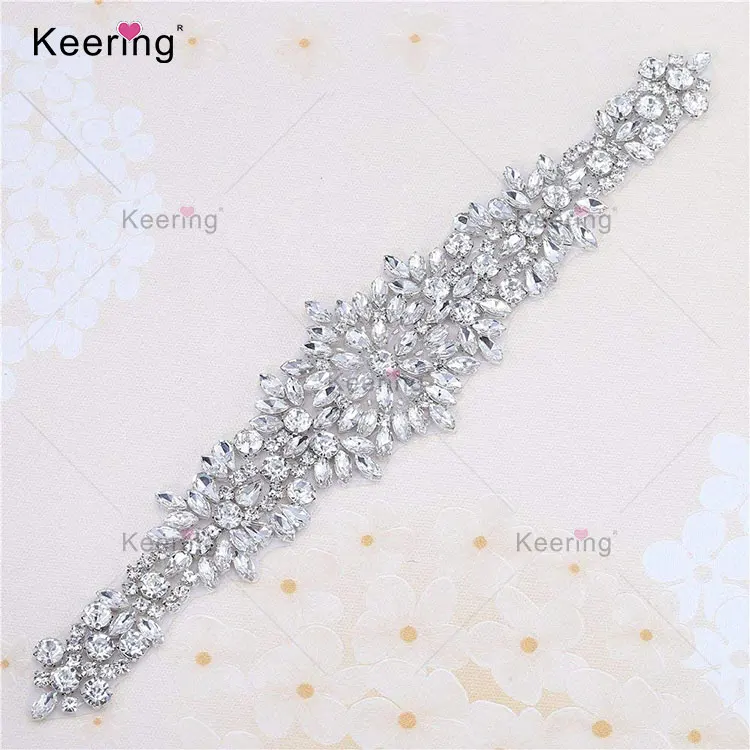 

Amazon top sell silver width 6cm 1yard crystal rhinestone clear bead applique trim for DIY bridal sash belt WRA-562, Royal bule and clear stone