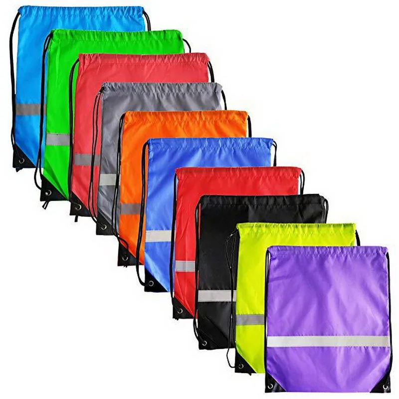 

Promotional Custom Logo Printed Reflective Band Dust Polyester Drawstring Sports Gym Bag, Customized