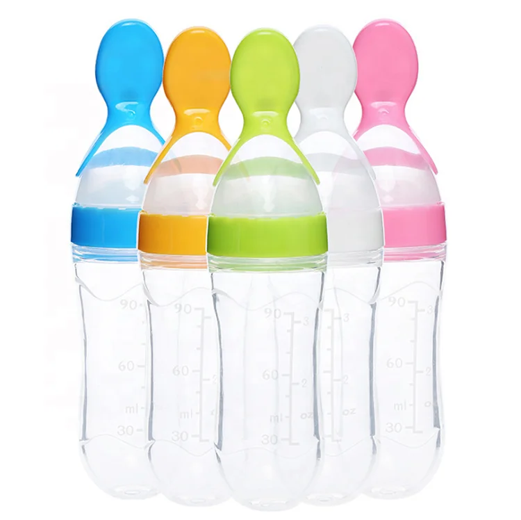 

90mL Children Food Rice Paste Spoon,Silicone Baby Toddler Feeding Bottle with Spoon Fresh Food Cereal Squeeze Feeder, Pink,blue,yellow,white,green