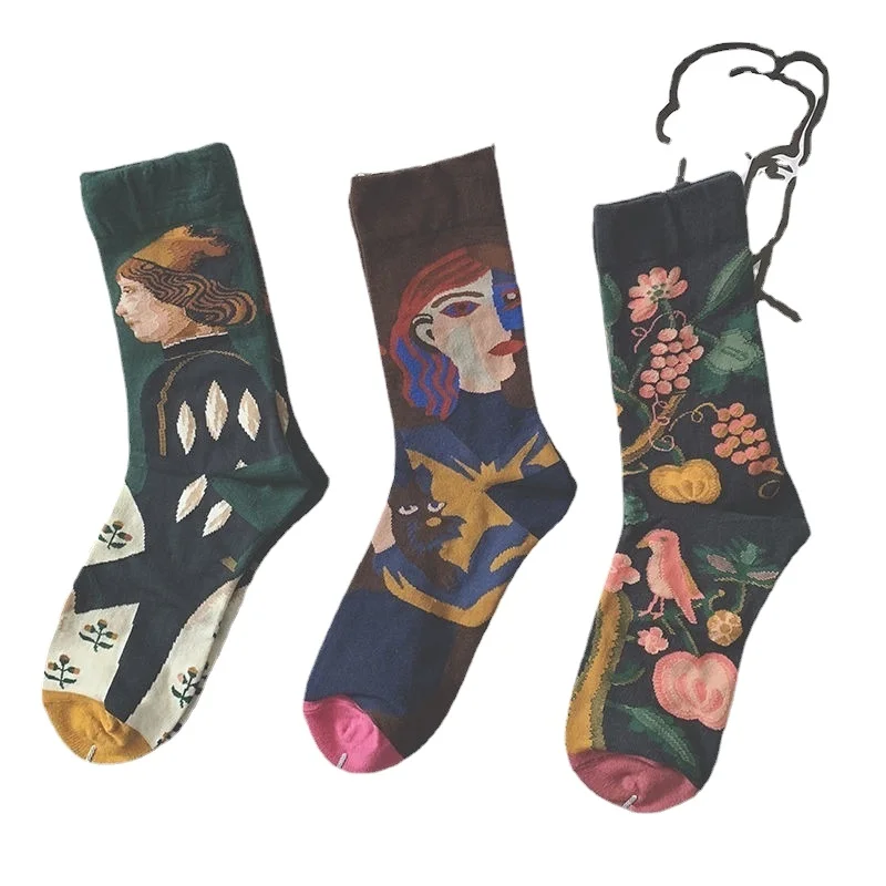 

Retro college style creative men and women personality color autumn and winter stockings ins high waist oil painting socks