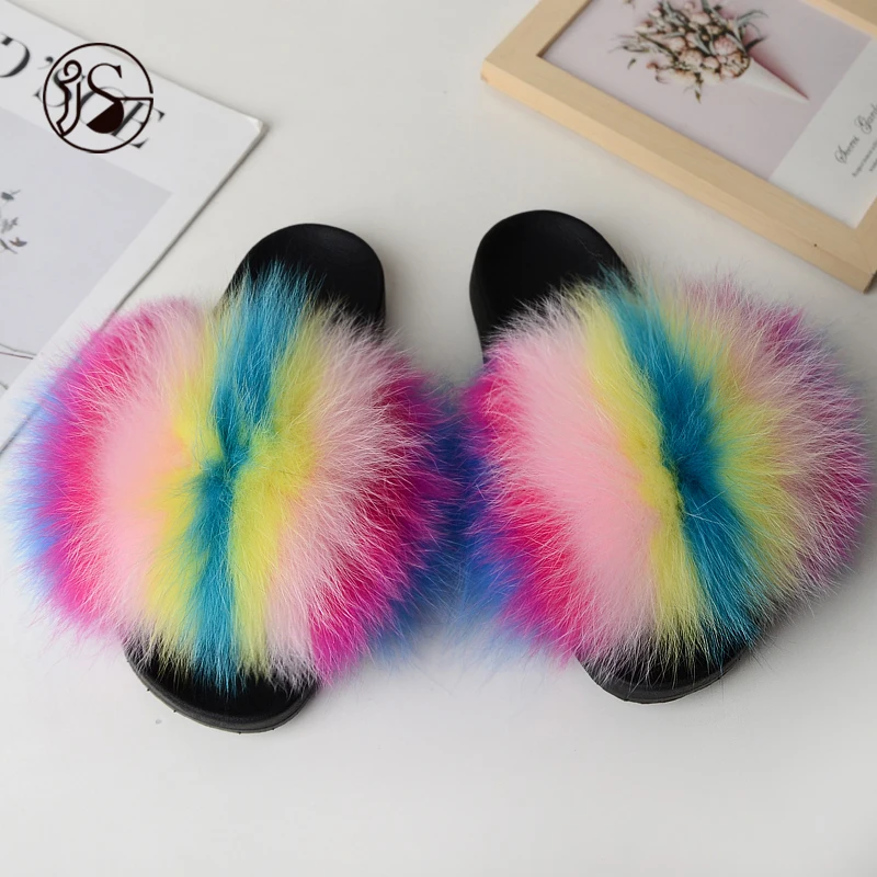 

Real fox fur furry slides colorful fur slides women quality slippers soft and warm slippers genuine lady fox slipper, Picture