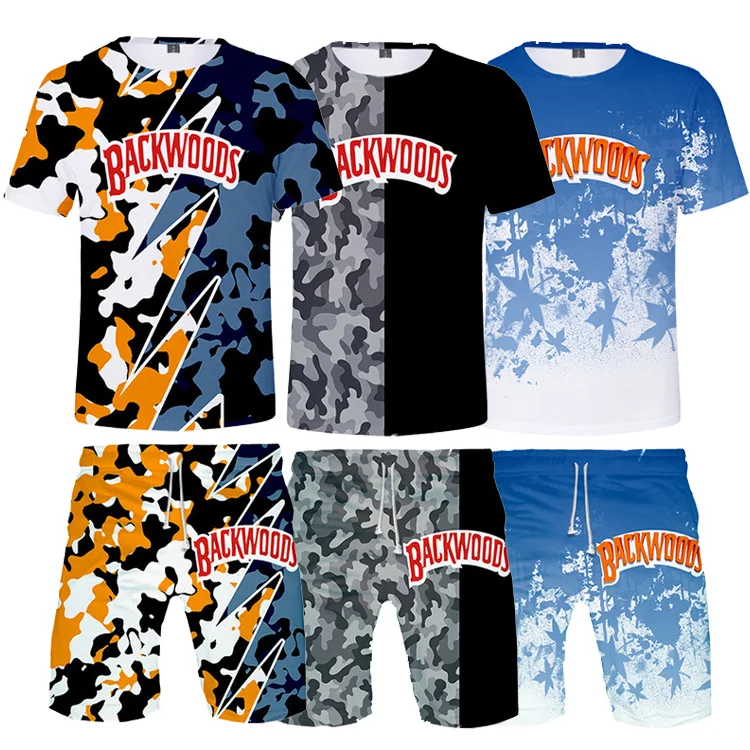 

Camouflage Printing Backwoods Men Two Piece Short Set Summer Streetswear Plus Size T Shirt Shorts Sweatsuit, Customized color