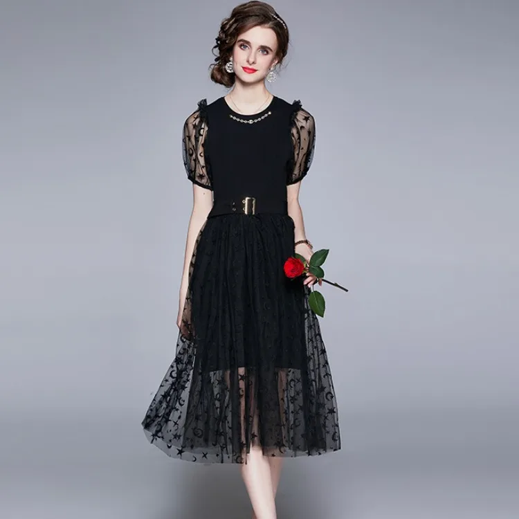 

Elegant Lady Dress Color Block Patchwork Ruffle Button Front Maxi Black Lace Dress