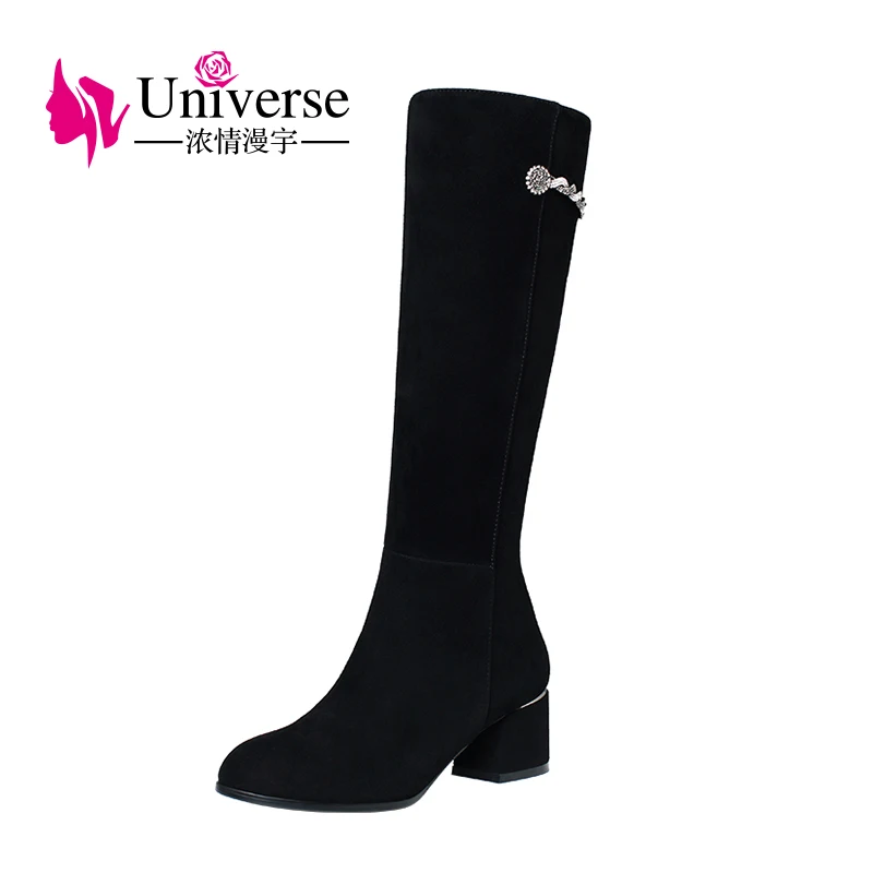 

Universe K225 Fashion Knee High Winter Genuine Leather Big Size Med Heeled Women Winter Boots, Black
