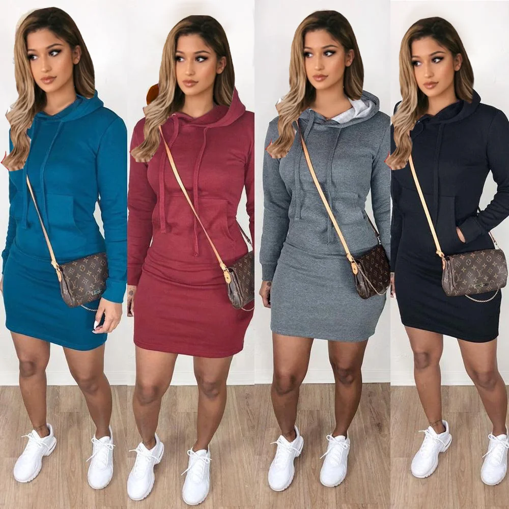 

custom logo plus size cotton sweater dress long sleeve Women's simple long-sleeved printed hoodie dress, Gray\blue\red\black\yellow