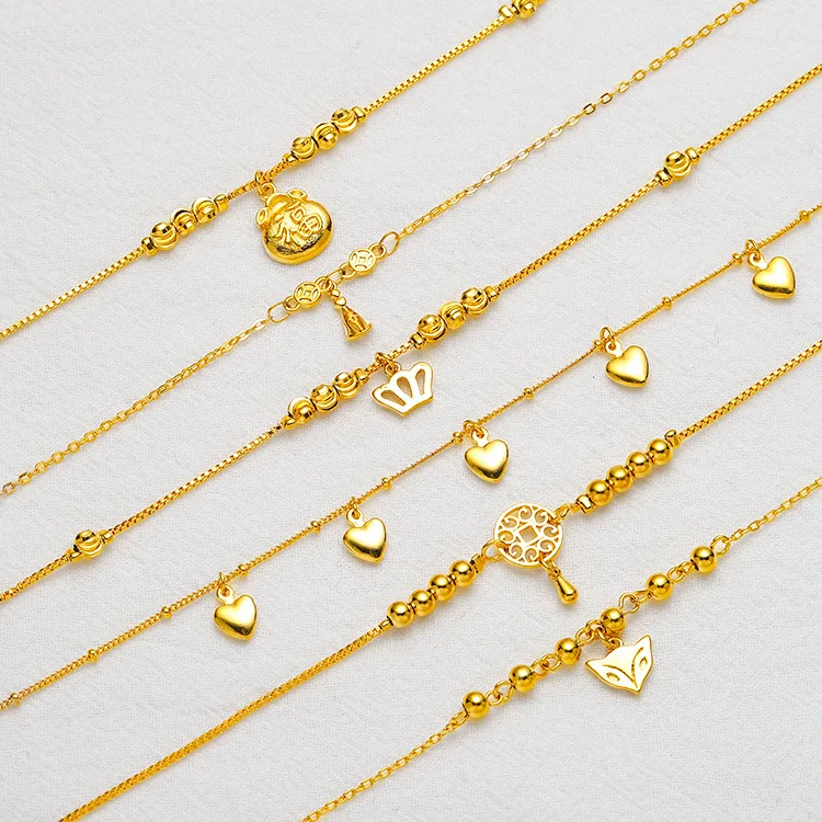 

Wholesale New Korean Version Of Brass Gold Plated Simple Sex Heart Anklet Vietnam Sand Gold Crown Anklet Female Foot Ornament