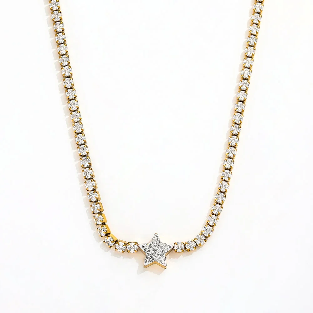 18K Gold Plated Luxury Zirconia Pave Geometric Star Pendant Necklace Stainless Steel Choker Necklace Design Jewelry Wholesale
