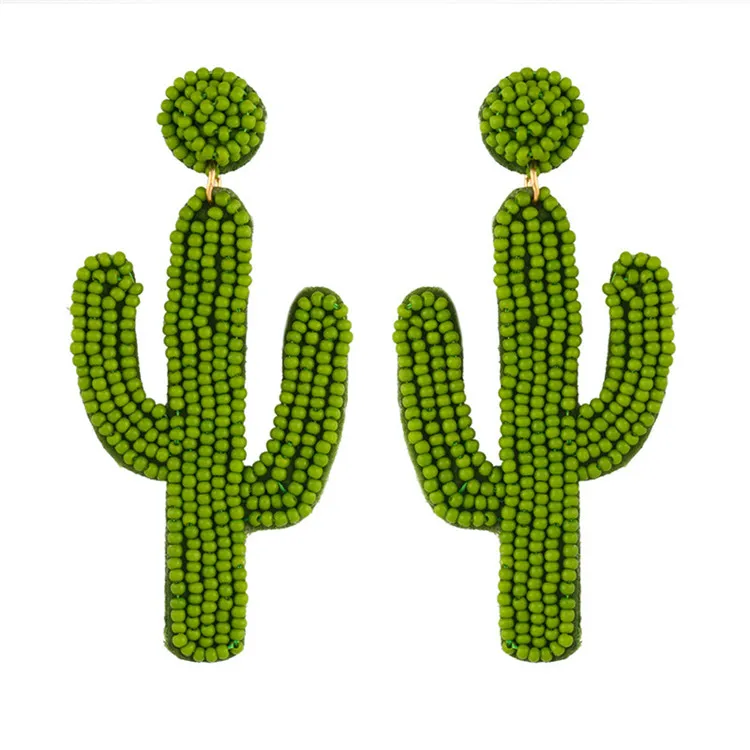 

Boho Green Plant Cactus Seed Beads Dangle Earring Handmade Green Cactus Beaded Earrings, As picture