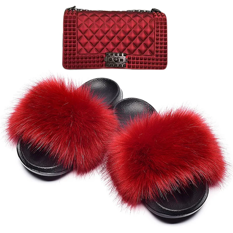 

2021 Wholesale Fur Slippers Handbags Set Women's Sandals Fluffy Casual Shoes Fur Slides And Matching Purse, Light brown, dark brown, white pink purple